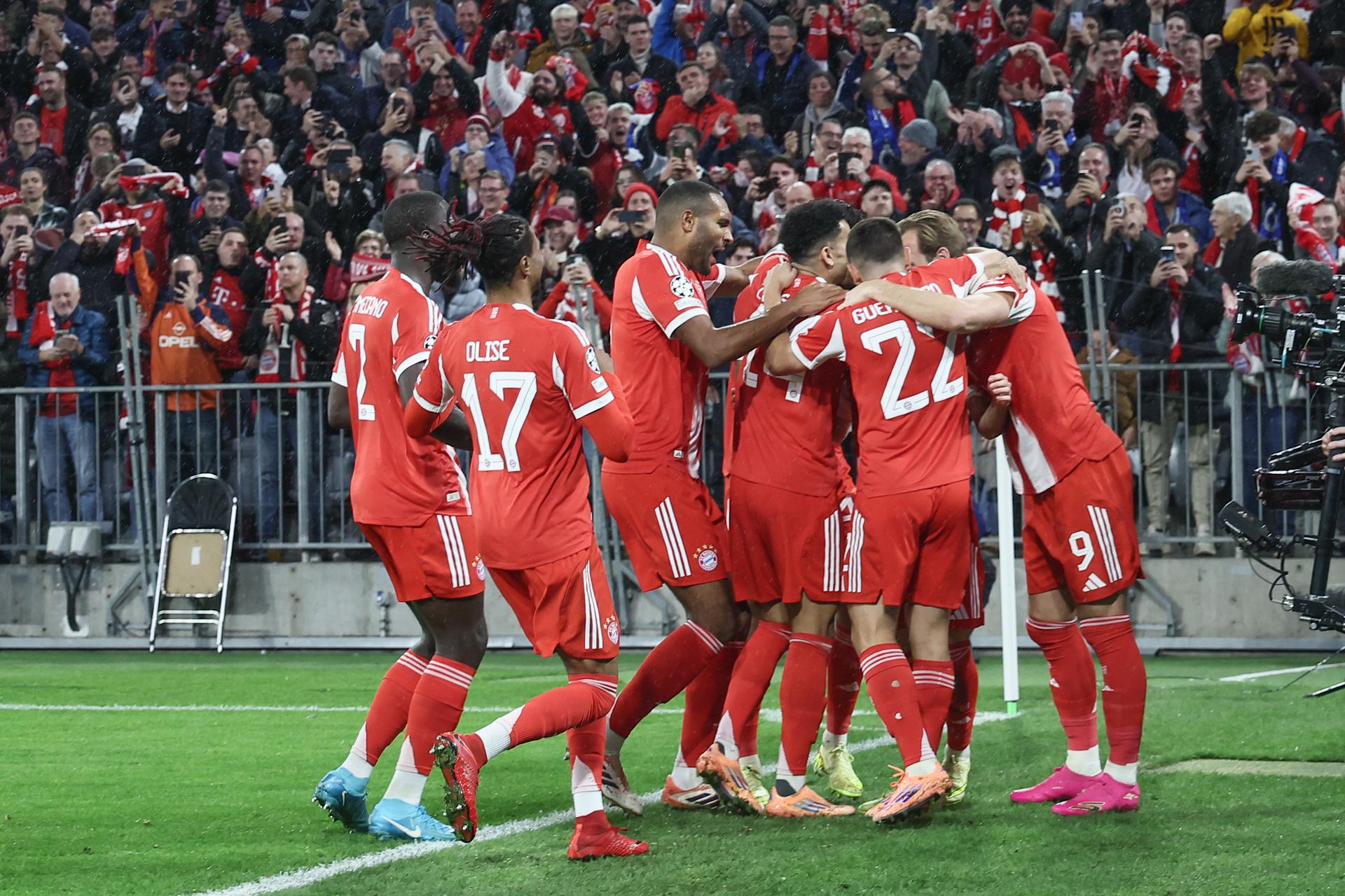 Bayern's Lennart Karl celebrates after scoring during a game between German club FC Bayern Munchen and Belgian soccer team Club Brugge, on Wednesday 22 October 2025 in Munich, Germany, on day three of the League phase of the UEFA Champions League tournament. BELGA PHOTO BRUNO FAHY