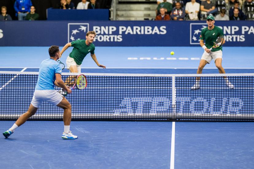 Polish Piotr Matuszewski, Belgian David Goffin and Belgian Raphael Collignon pictured in action during the European Open ATP tennis tournament in Brussels, on Monday 13 October 2025. This year's edition of the tournament is taking place from 12 to 19 October 2025. BELGA PHOTO JASPER JACOBS
