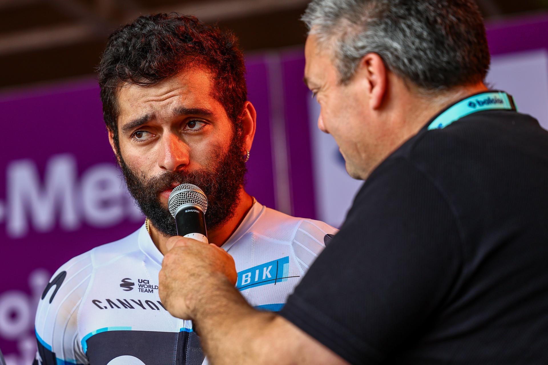 Colombian Fernando Gaviria of Movistar Team pictured during team presentation before the first stage of the Baloise Belgium Tour cycling race, 198km from Merelbeke-Melle to Knokke-Heist, Wednesday 18 June 2025. The Baloise Belgium Tour takes place from 18 to 22 June. BELGA PHOTO DAVID PINTENS