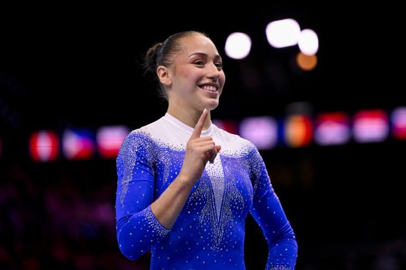 Algeria's Kaylia Nemour celebrates after winning the Women's Uneven Bars Final during the 54th FIG Artistic Gymnastics World Championships, in Rotterdam, southern Netherlands, on October 24, 2026.  JOHN THYS / AFP
