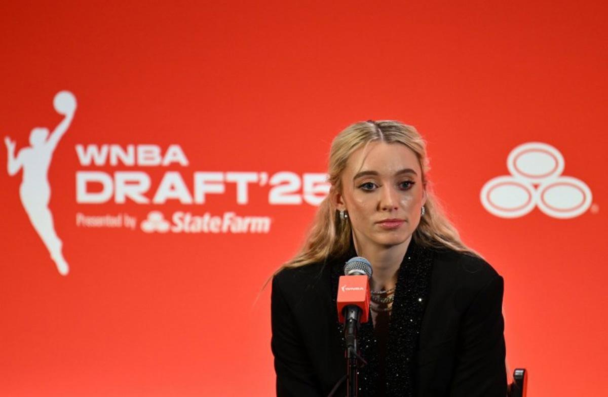 Paige Bueckers speaks to the press during the 2025 WNBA Draft at the Shed in New York City on April 14, 2025.  ANGELA WEISS / AFP