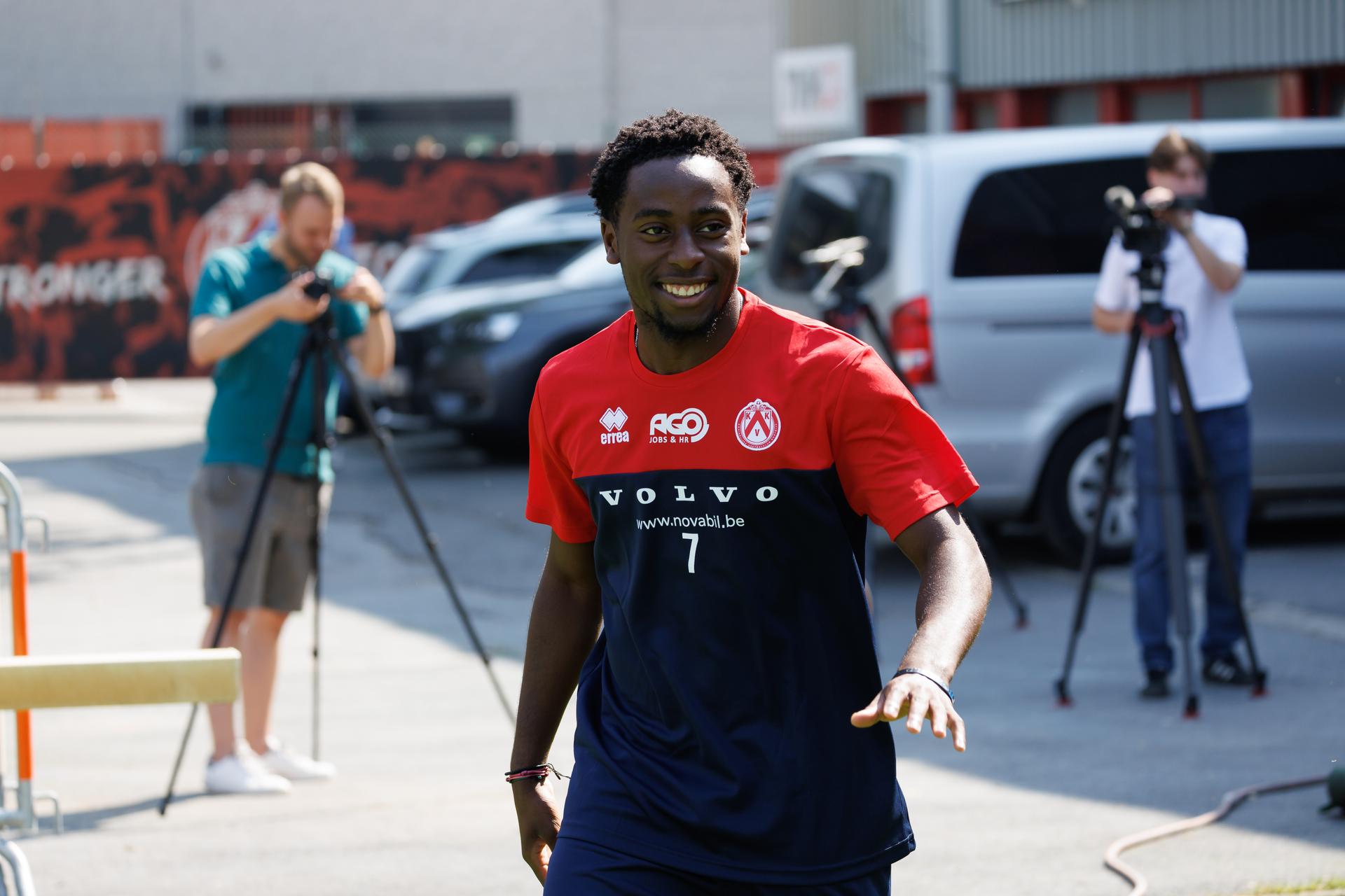 Kortrijk's Dylan Mbayo pictured during the first training session of the 2023-2024 season, of Belgian first division soccer team KV Kortrijk, Monday 12 June 2023 in Kortrijk. BELGA PHOTO KURT DESPLENTER