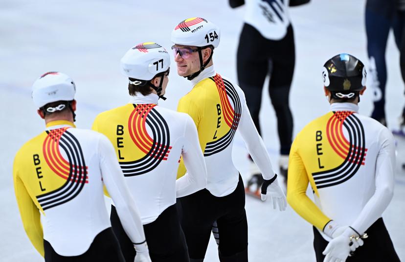Belgian shorttrack skater Adriaan Dewagtere, Belgian shorttrack skater Ward Petre, Belgian shorttrack skater Warre Van Damme and Belgian shorttrack skater Stijn Desmet pictured before the semifinals of the men's 5000m Relay Short Track Speed Skating, at the Milano Cortina 2026 Olympic Winter Games, on Monday 16 February 2026 in Milan, Italy. The XXV Winter Olympics take place from 6 to 22 February 2026 in Italy. BELGA PHOTO JASPER JACOBS