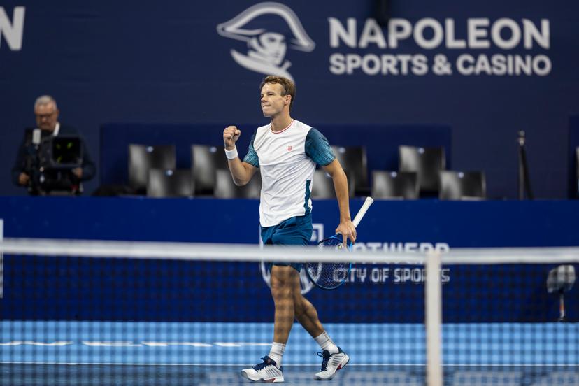 Belgian Michael Geerts pictured in action during the qualifying phase of the European Open Tennis ATP tournament, in Antwerp, Sunday 13 October 2024. BELGA PHOTO DAVID PINTENS