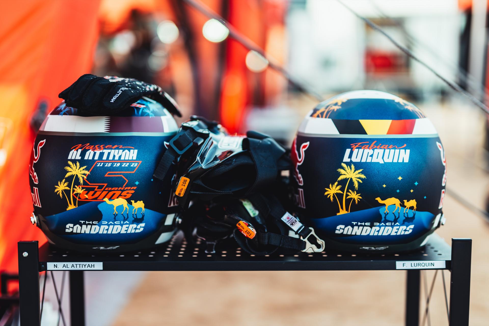 ATTENTION EDITORS - HAND OUT PICTURES - EDITORIAL USE ONLY - MANDATORY CREDIT:  The Dacia Sandriders  Hand out picture released by Eric Dupain shows the helmet of Nasser Al-Attiyah and Fabian Lurquin during stage 2 of the 2026 Dakar rally race in AlUla, Saoudi Arabia on Monday 05 January 2026.  *** Belga and Belga Editorial Board decline all responsibility regarding the content of this picture. *** BELGA PHOTO HAND OUT THE DACIA SANDRIDERS