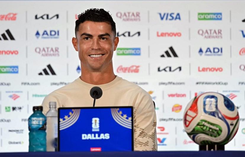 Portugal's forward #07 Cristiano Ronaldo answers to journalists during a press conference at the Dallas Stadium in Arlington, Texas on July 5, 2026, on the eve of the 2026 World Cup round of 16 football match between Portugal and Spain.  Paul ELLIS / AFP