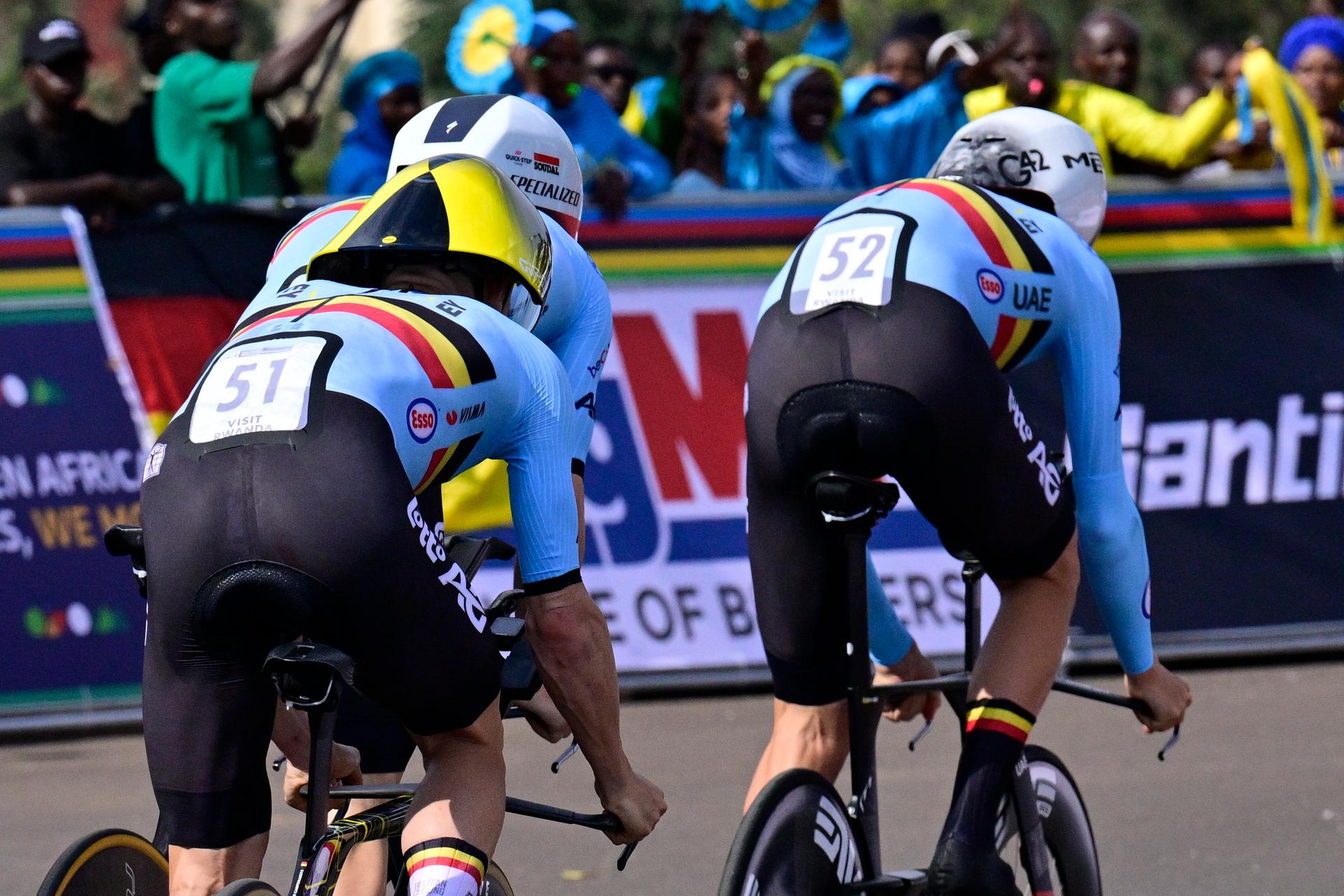 Belgian Victor Campenaerts and Belgian Florian Vermeersch pictured at the start of the Team Time Trial Mixed Relay race (41,8km) at the cycling road world championships, in Kigali, Rwanda, Wednesday 24 September 2025. The 2025 UCI Road World Championships take place from 21 to 28 September in Kigali, Rwanda. BELGA PHOTO DIRK WAEM