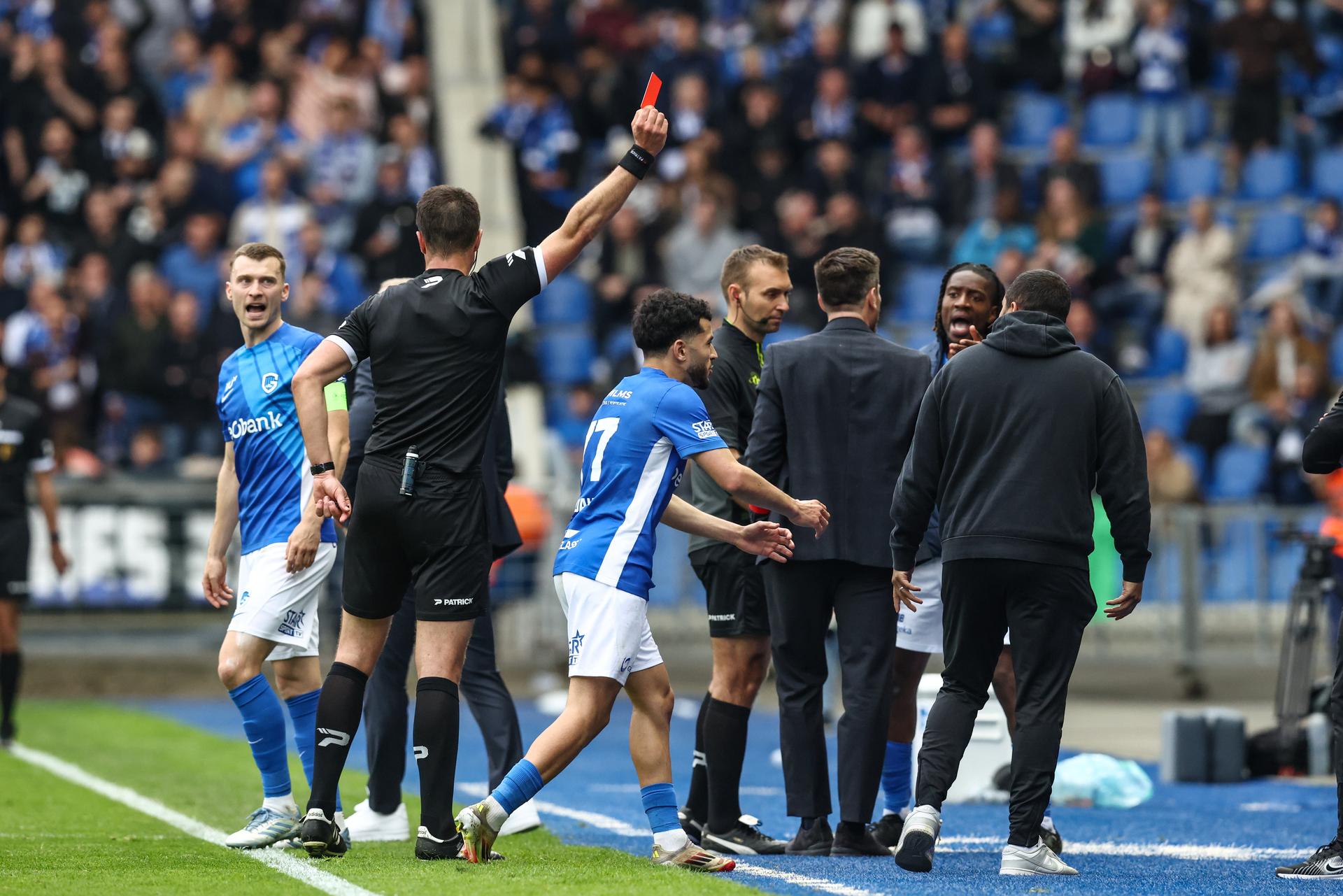 Union's staff member Ibrahim Fadili receives a red card from the referee during a soccer match between KRC Genk and Royale Union Saint-Gilloise, Sunday 20 April 2025 in Gent, on day 4 (out of 10) of the Champions' Play-offs of the 2024-2025 'Jupiler Pro League' first division of the Belgian championship. BELGA PHOTO BRUNO FAHY