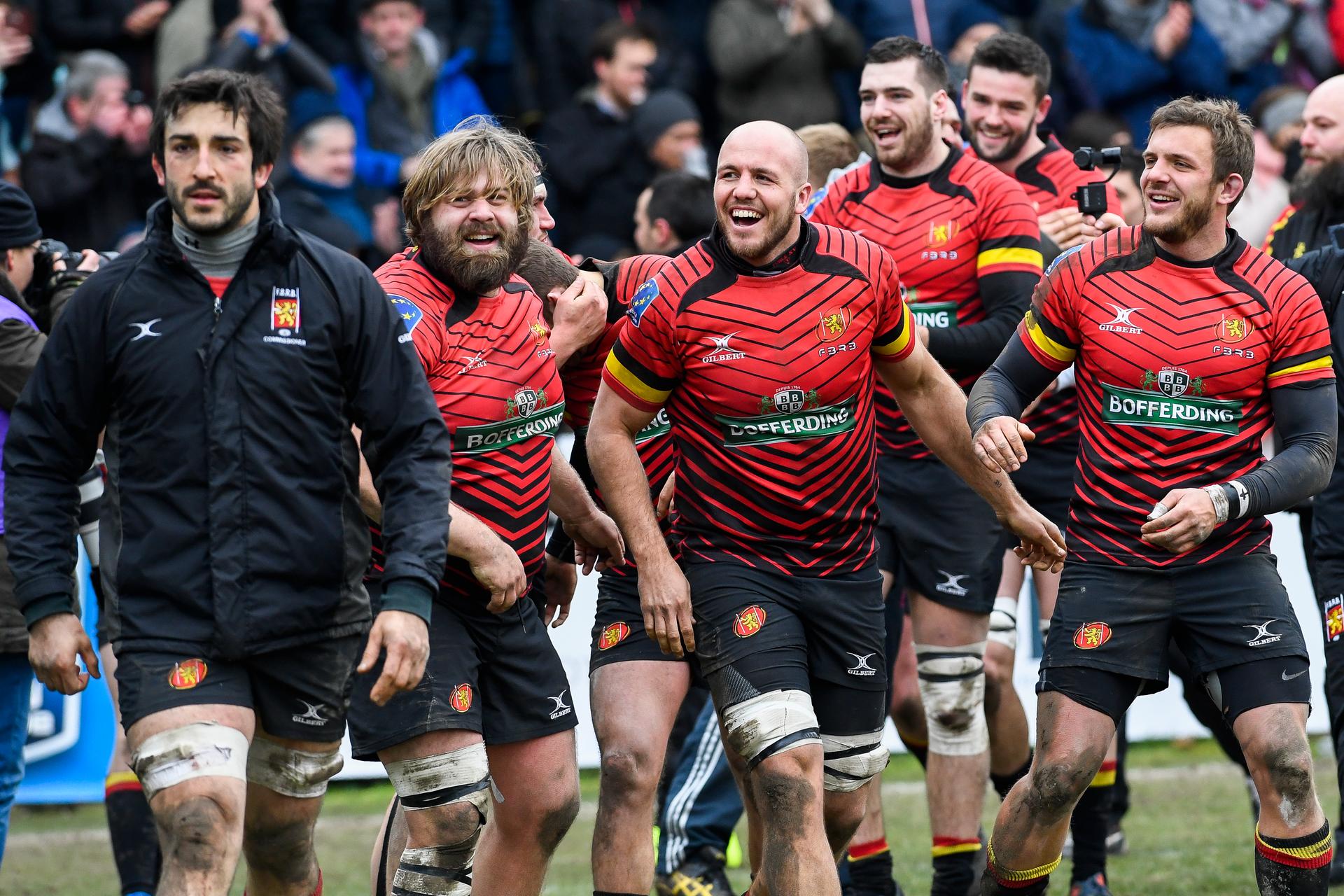 Belgian players celebrate after winning the game between the Black Devils, Belgian national rugby team, and Spain at the European International Championship Men, in Brussels, Sunday 18 March 2018. BELGA PHOTO LAURIE DIEFFEMBACQ