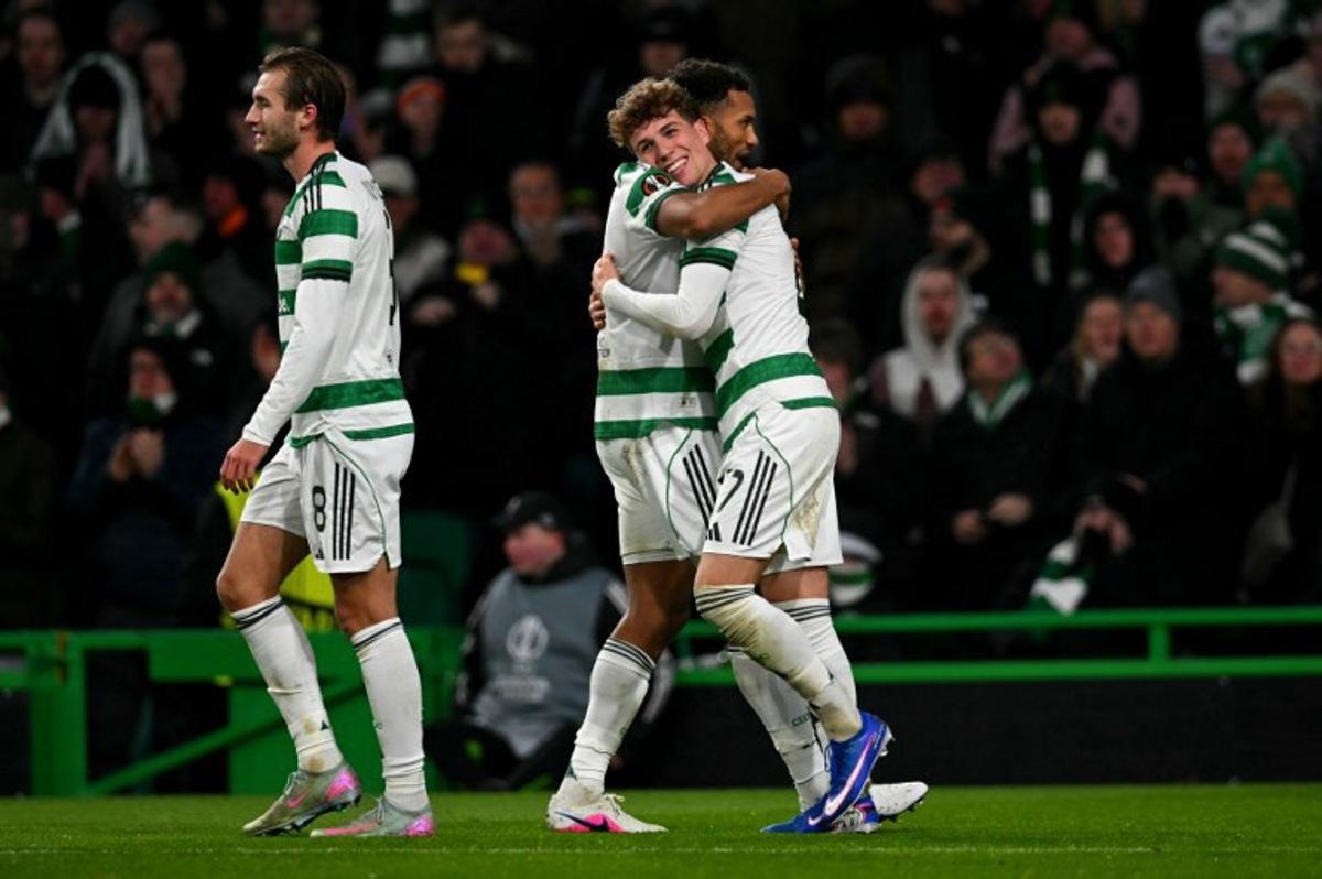 Celtic's US defender #06 Auston Trusty (C) celebrates scoring the team's fourth goal during the UEFA Europa League league-stage football match between Celtic and FC Utrecht at Celtic Park in Glasgow on January 29, 2026.  ANDY BUCHANAN / AFP