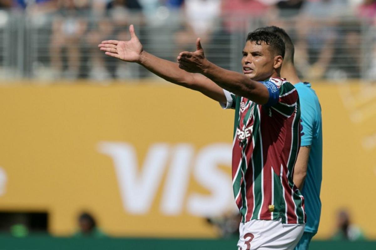 Fluminense's Brazilian defender #03 Thiago Silva gestures during the FIFA Club World Cup 2025 semifinal football match between Brazil's Fluminense and England's Chelsea at the MetLife stadium in East Rutherford, New Jersey on July 8, 2025.  JUAN MABROMATA / AFP