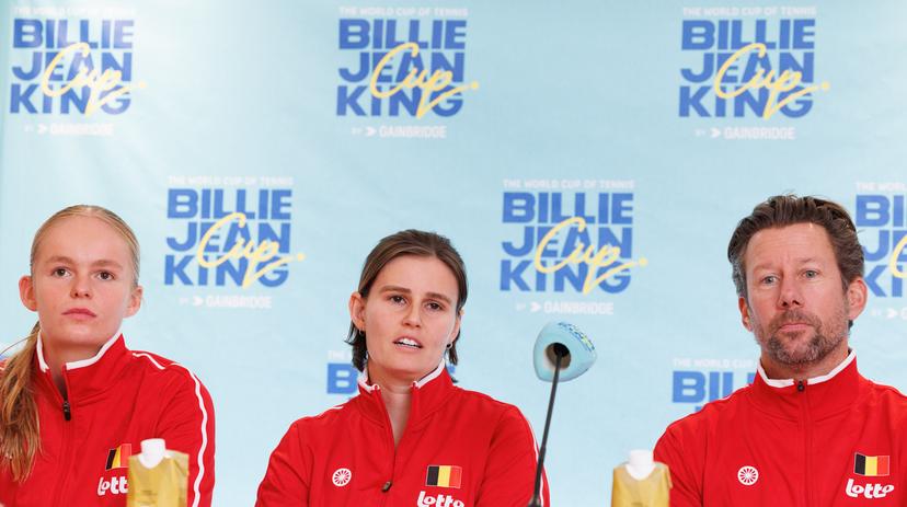 Belgian Jeline Vandromme, Belgian Greet Minnen and Belgian team captain Wim Fissette pictured during a press conference of the Belgian tennis players competing in the upcoming Billie Jean King Cup Play-offs, on Thursday 13 November 2025 in Ismaning, Germany. This weekend Belgium will meet Germany and Turkey. PHOTO BENOIT DOPPAGNE