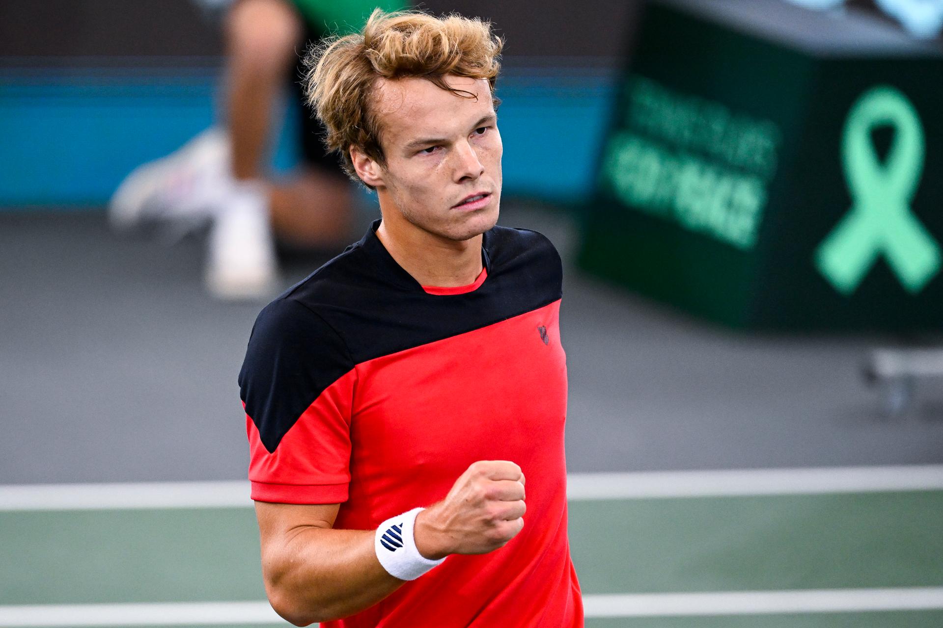 Belgian Michael Geerts reacts during a match between French Gasquet and Belgian Geerts, the first game between the Belgian team and France, in Group C of the group stage of the 2022 Davis Cup finals, Saturday 17 September 2022, in Hamburg, Germany. Belgium will compete from 13 to 18 September against Australia, Germany and France in Group C. BELGA PHOTO LAURIE DIEFFEMBACQ
