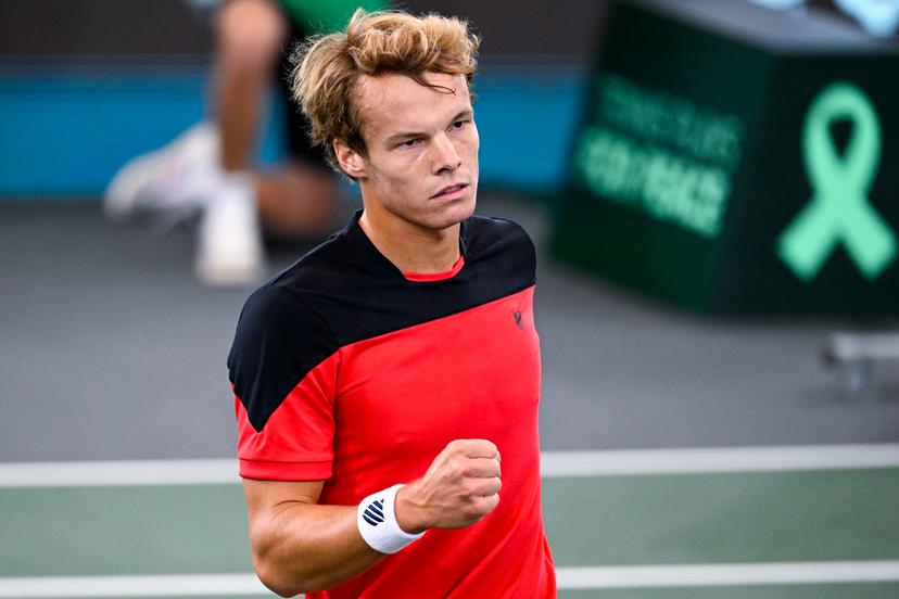 Belgian Michael Geerts reacts during a match between French Gasquet and Belgian Geerts, the first game between the Belgian team and France, in Group C of the group stage of the 2022 Davis Cup finals, Saturday 17 September 2022, in Hamburg, Germany. Belgium will compete from 13 to 18 September against Australia, Germany and France in Group C. BELGA PHOTO LAURIE DIEFFEMBACQ