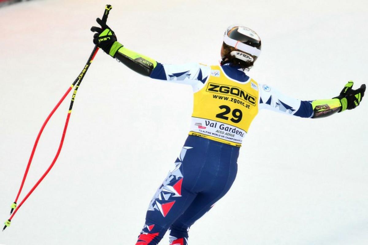 Czech Republic's Jan Zabystran celebrates after crossing the finish line of the men's Super G race during the FIS Alpine Ski World Cup, in Val Gardena, on December 19, 2025.   Stefano RELLANDINI / AFP