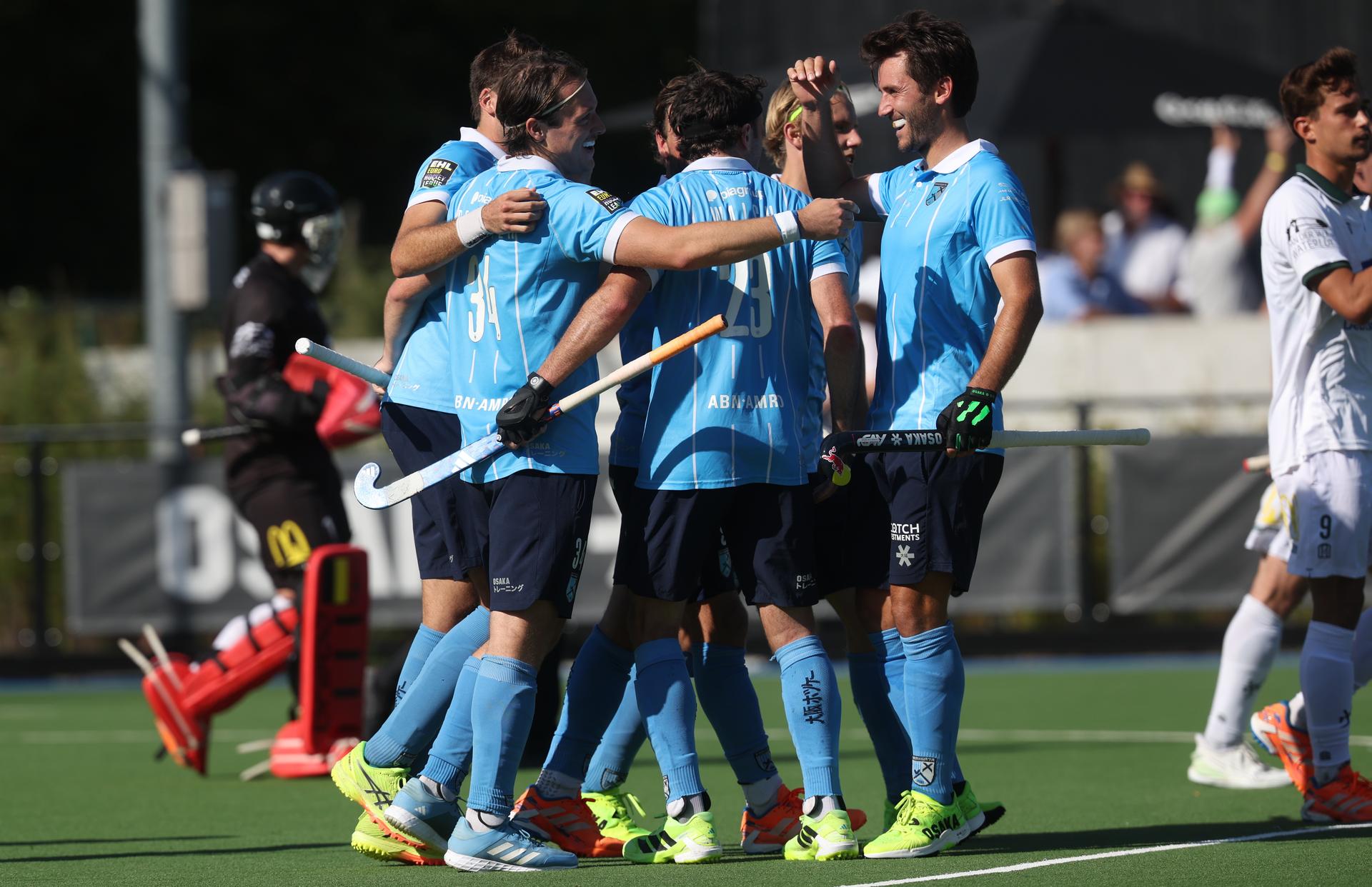 Braxgata's Jef De Winter celebrates after scoring during a hockey game between Braxgata and Waterloo Ducks, Saturday 06 September 2025 in Boom, on day 1 of the Belgian Men Hockey League season 2025-2026. BELGA PHOTO VIRGINIE LEFOUR