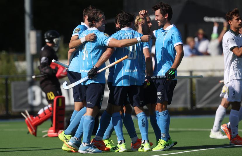 Braxgata's Jef De Winter celebrates after scoring during a hockey game between Braxgata and Waterloo Ducks, Saturday 06 September 2025 in Boom, on day 1 of the Belgian Men Hockey League season 2025-2026. BELGA PHOTO VIRGINIE LEFOUR