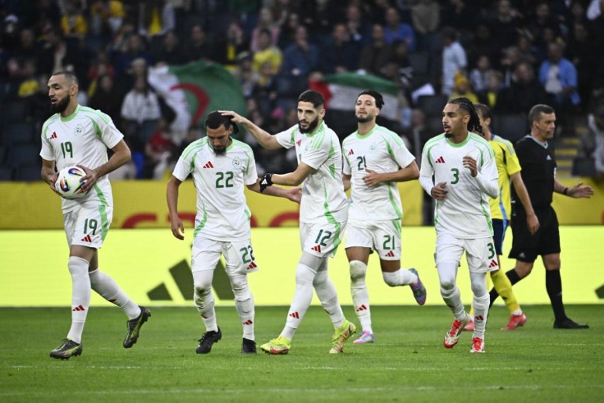 Algeria's Ismael Bennacer (2nd L) celebrates scoring with his teammates during the international friendly football match between Sweden and Algeria at the Strawberry Arena in Solna, Stockholm, Sweden, on June 10, 2025.  Christine Olsson / TT / TT NEWS AGENCY / AFP