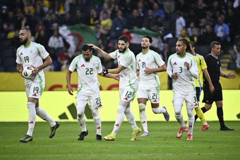 Algeria's Ismael Bennacer (2nd L) celebrates scoring with his teammates during the international friendly football match between Sweden and Algeria at the Strawberry Arena in Solna, Stockholm, Sweden, on June 10, 2025.  Christine Olsson / TT / TT NEWS AGENCY / AFP