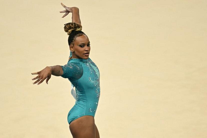 Brazil's Rebeca Andrade competes in the artistic gymnastics women's floor exercise final during the Paris 2024 Olympic Games at the Bercy Arena in Paris, on August 5, 2024.  Paul ELLIS / AFP