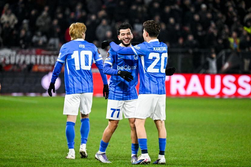 Genk's Zakaria El Ouahdi celebrates after scoring during a soccer game between Dutch soccer club FC Utrecht and Belgian KRC Genk, on Thursday 22 January 2026 in Utrecht, Netherlands, the seventh game (out of 8) in the league phase of the UEFA Europa League competition. BELGA PHOTO TOM GOYVAERTS