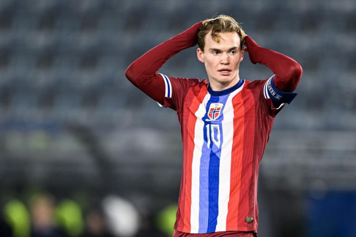 Norway's Kristian Fredrik Malt Arnstad reacts during the U21 European Championship qualifier match in men's football between Norway and Finland at SR-Bank in Stavanger, Norway on November 19, 2024.  Carina Johansen / NTB / AFP
