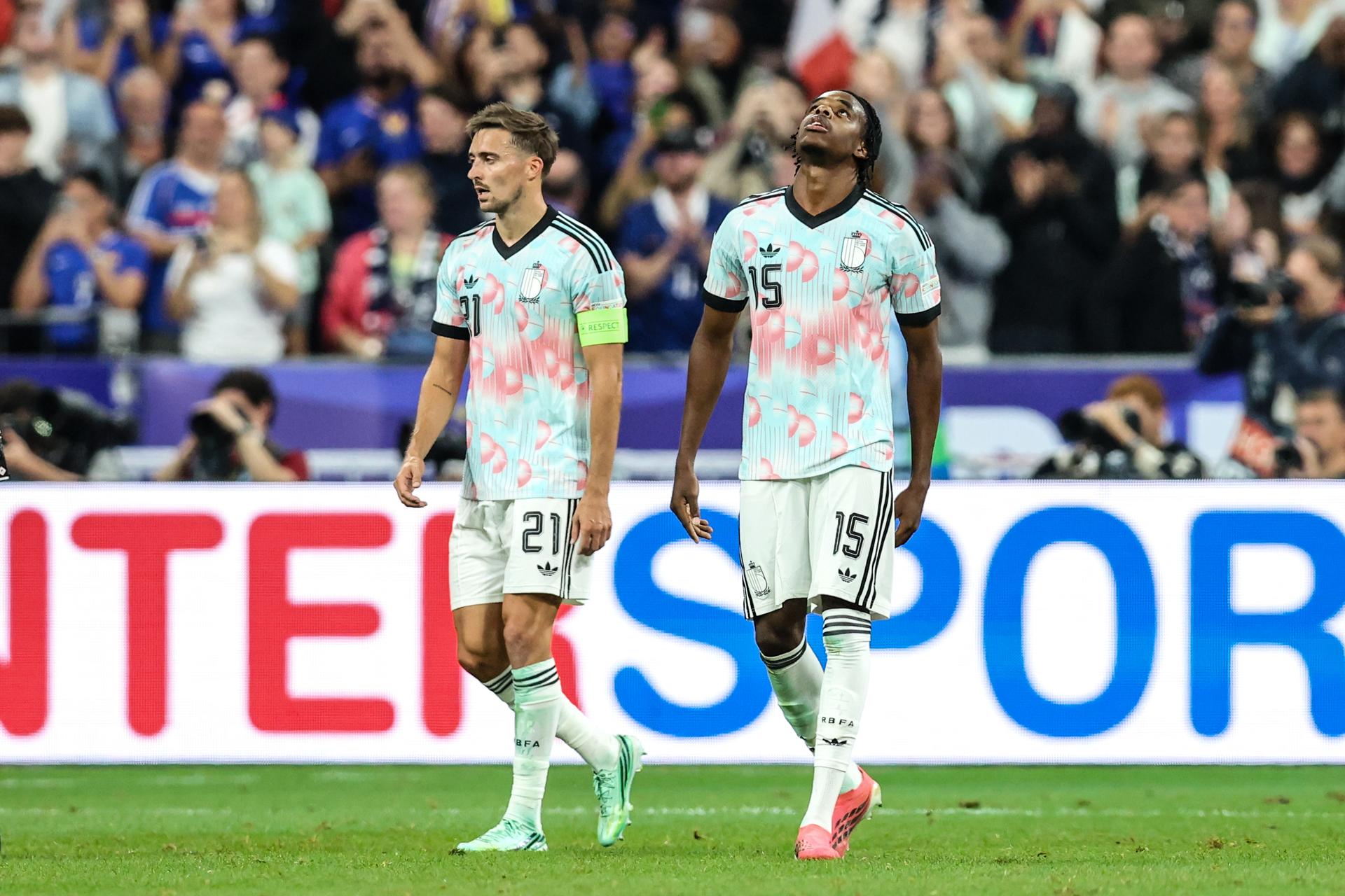 Belgium's Nathan Ngoy reacts during a soccer game between France and Belgian national team Red Devils, on Monday 5 October 2026  in Saint-Denis, France, the fourth (of 6) game of the UEFA Nations League group stage. BELGA PHOTO BRUNO FAHY