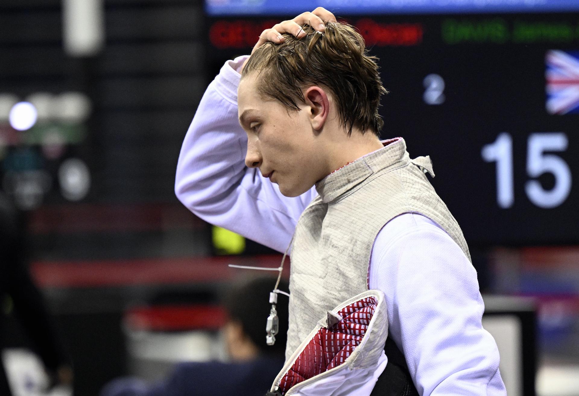 Fencing Athlete Oscar Geudvert reacts during a fight in the men's foil competition, at the European Games in Krakow, Poland on Monday 26 June 2023. The 3rd European Games, informally known as Krakow-Malopolska 2023, is a scheduled international sporting event that will be held from 21 June to 02 July 2023 in Krakow and Malopolska, Poland. BELGA PHOTO LAURIE DIEFFEMBACQ