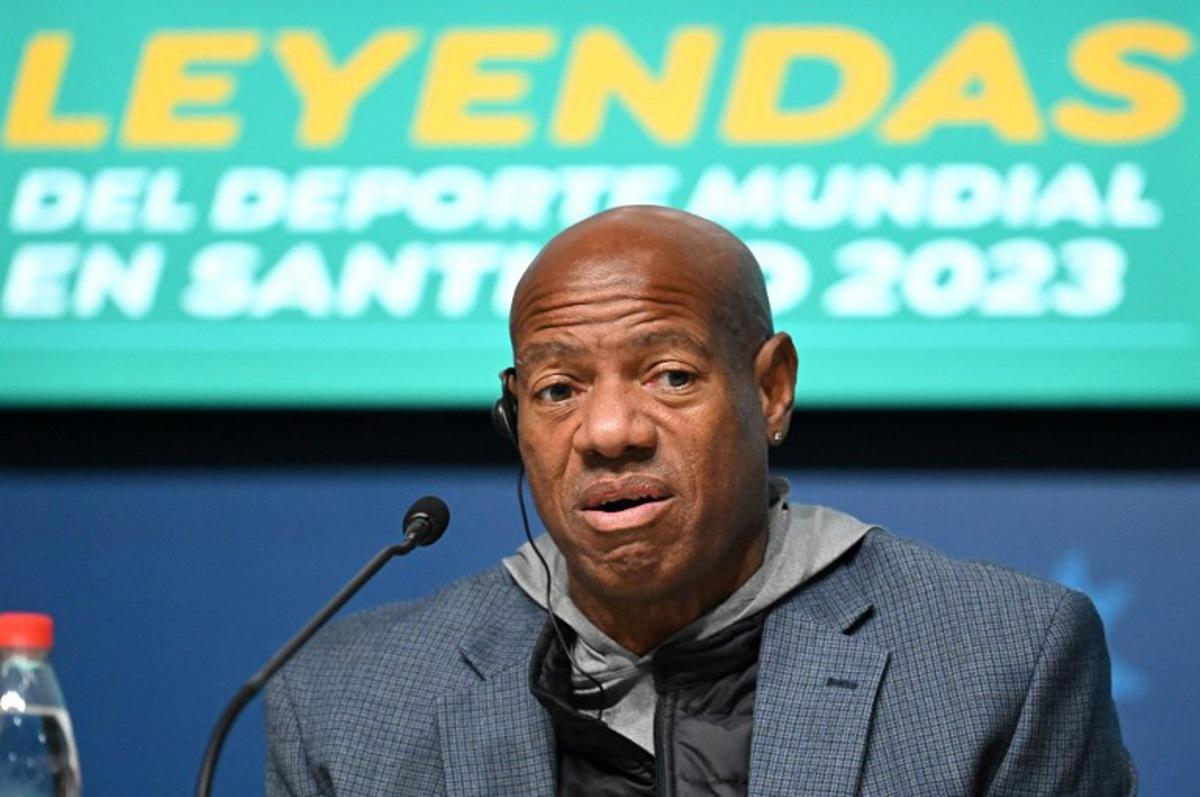 US Mike Powell speaks during a press conference in the Pan American Games Santiago 2023, at the National Stadium Sports Park in Santiago on October 28, 2023.   Raul ARBOLEDA / AFP