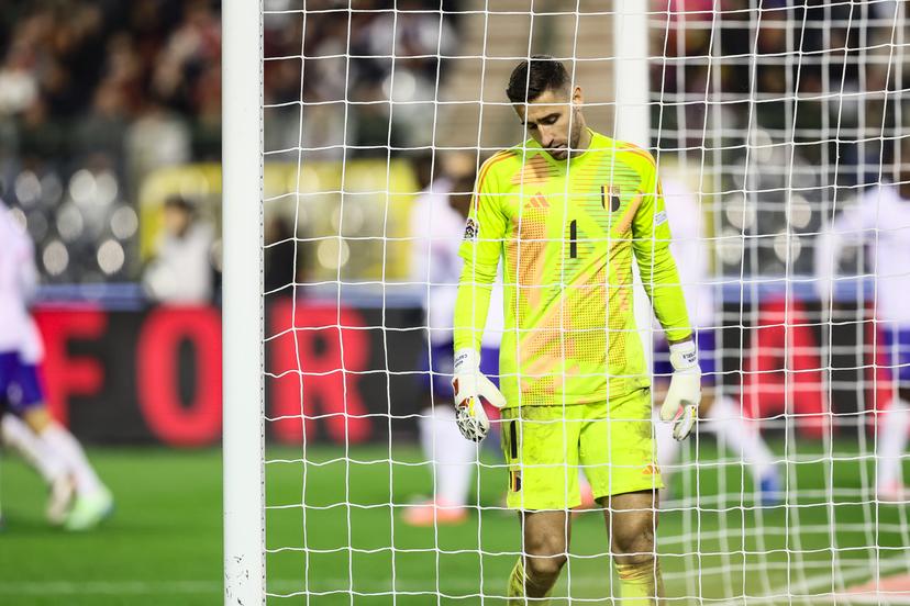 Belgium's goalkeeper Koen Casteels looks dejected during a soccer game between Belgian national soccer team Red Devils and France, match 4 (out of 6) in the League A Group 2 of the UEFA Nations League 2025 competition, Monday 14 October 2024 in Brussels. BELGA PHOTO BRUNO FAHY