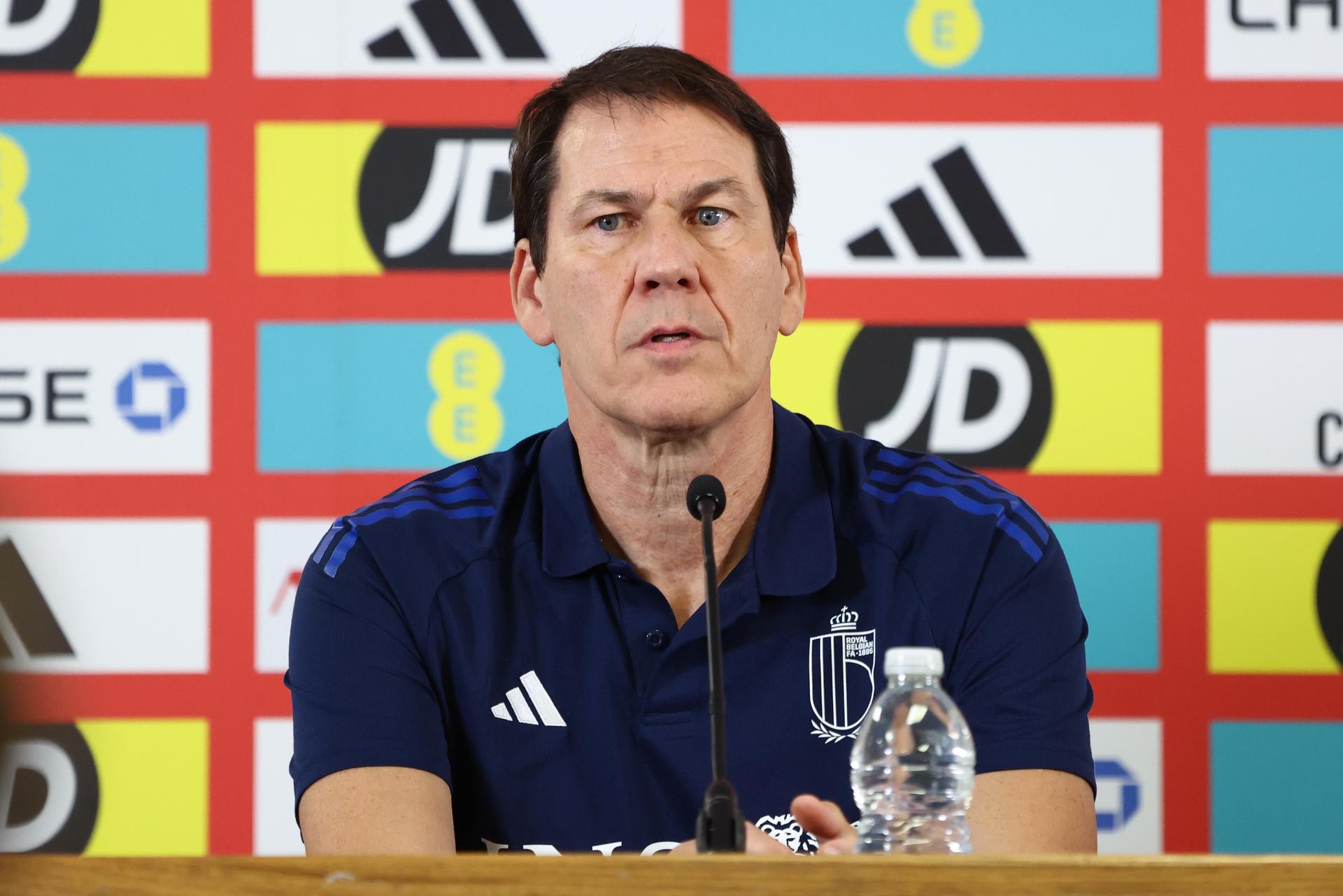 Belgium's head coach Rudi Garcia pictured during a press conference of Belgian national soccer team Red Devils in Cardiff, Wales on Sunday 12 October 2025. The team is preparing for tomorrow's match against Wales, qualifier 6/8 for the 2026 World Cup. BELGA PHOTO BRUNO FAHY