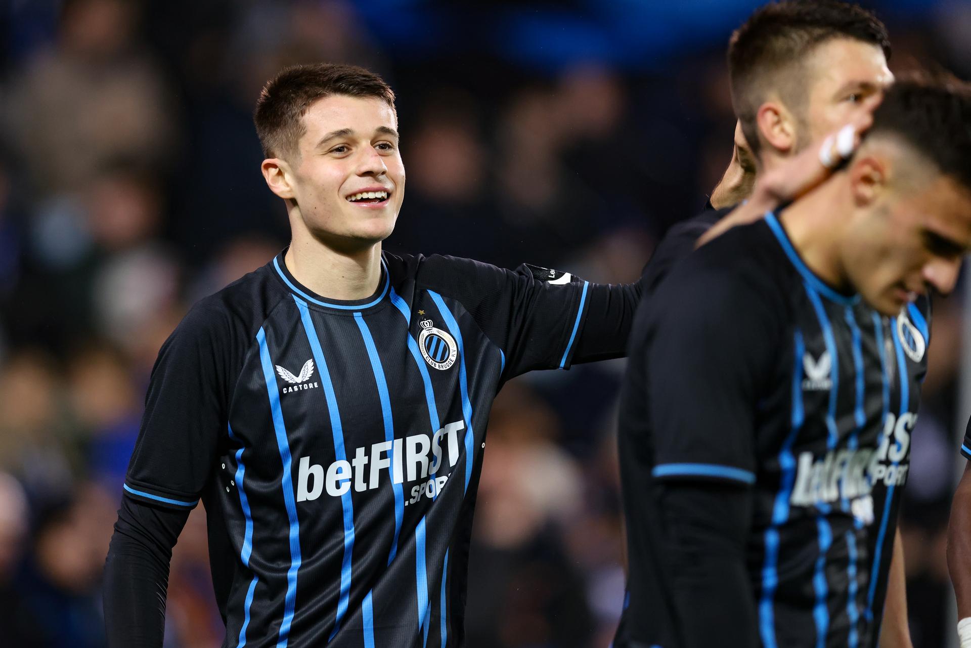 Club's Nicolo Tresoldi celebrates after scoring during a soccer match between Club Brugge and Oud-Heverlee Leuven, Saturday 21 February 2026 in Brugge, on day 26 (out of 30) of the 2025-2026 'Jupiler Pro League' first division of the Belgian championship. BELGA PHOTO BRUNO FAHY