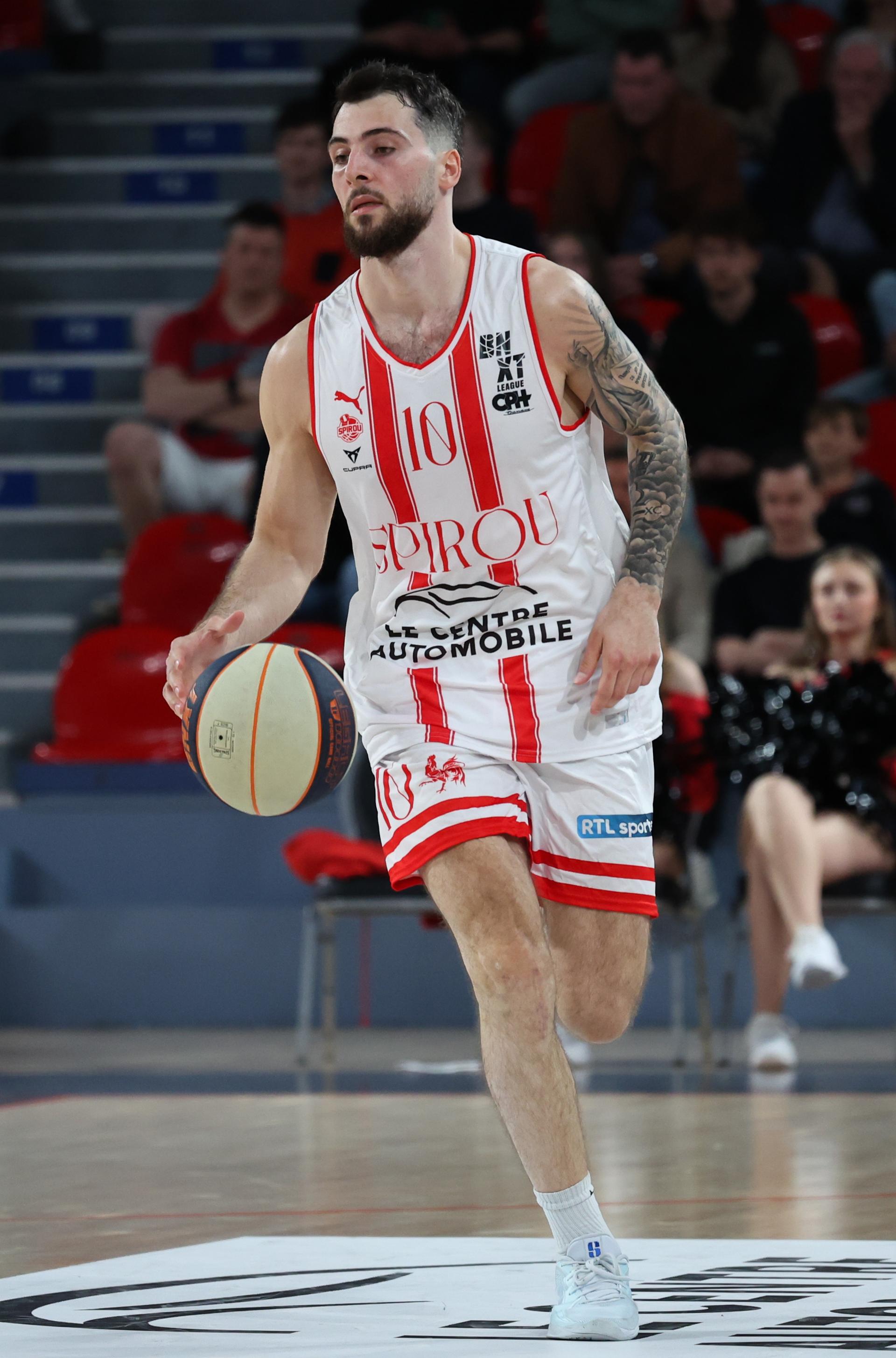 Spirou's Milan Samardzic pictured in action during a basketball match between Spirou Charleroi and Leuven Bears, Thursday 17 April 2025 in Charleroi, on day 33 of the 'BNXT League' Belgian and Dutch first division basket championships. BELGA PHOTO VIRGINIE LEFOUR
