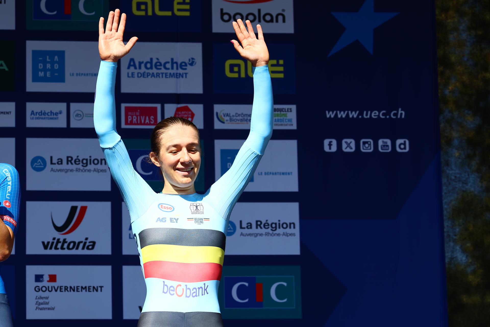 Belgian Luca Vierstraete celebrates on the podium after finishing third place at the 24 km time trial of the Women U23 category at the UEC road European cycling championships, Wednesday 01 October 2025, in Loriol-sur-Drome, France. The European cycling championships Drome-Ardeche takes place from 1 to 5 October, France. BELGA PHOTO DAVID PINTENS