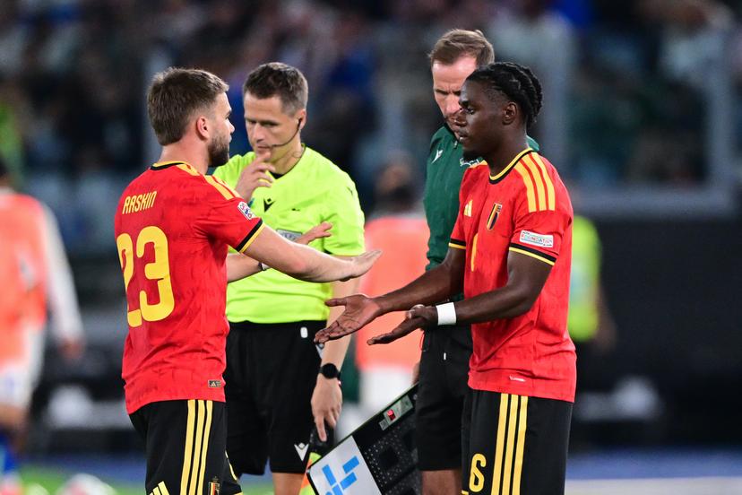 Belgium's Nicolas Raskin and Belgium's Romeo Lavia pictured during a soccer game between the Red Devils, the Belgian national soccer team and Italy for the opening game of the UEFA Nations League, in Rome, on Friday 25 September 2026. BELGA PHOTO DIRK WAEM