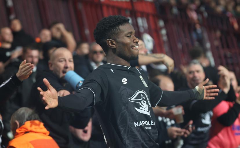 Charleroi's Cheick Keita celebrates after scoring during a soccer match between third division club RAEC Mons and first division club Sporting Charleroi, Saturday 17 October 2026 in Mons, a game in the 1/16 final of the Croky Cup Belgian cup competition. BELGA PHOTO VIRGINIE LEFOUR