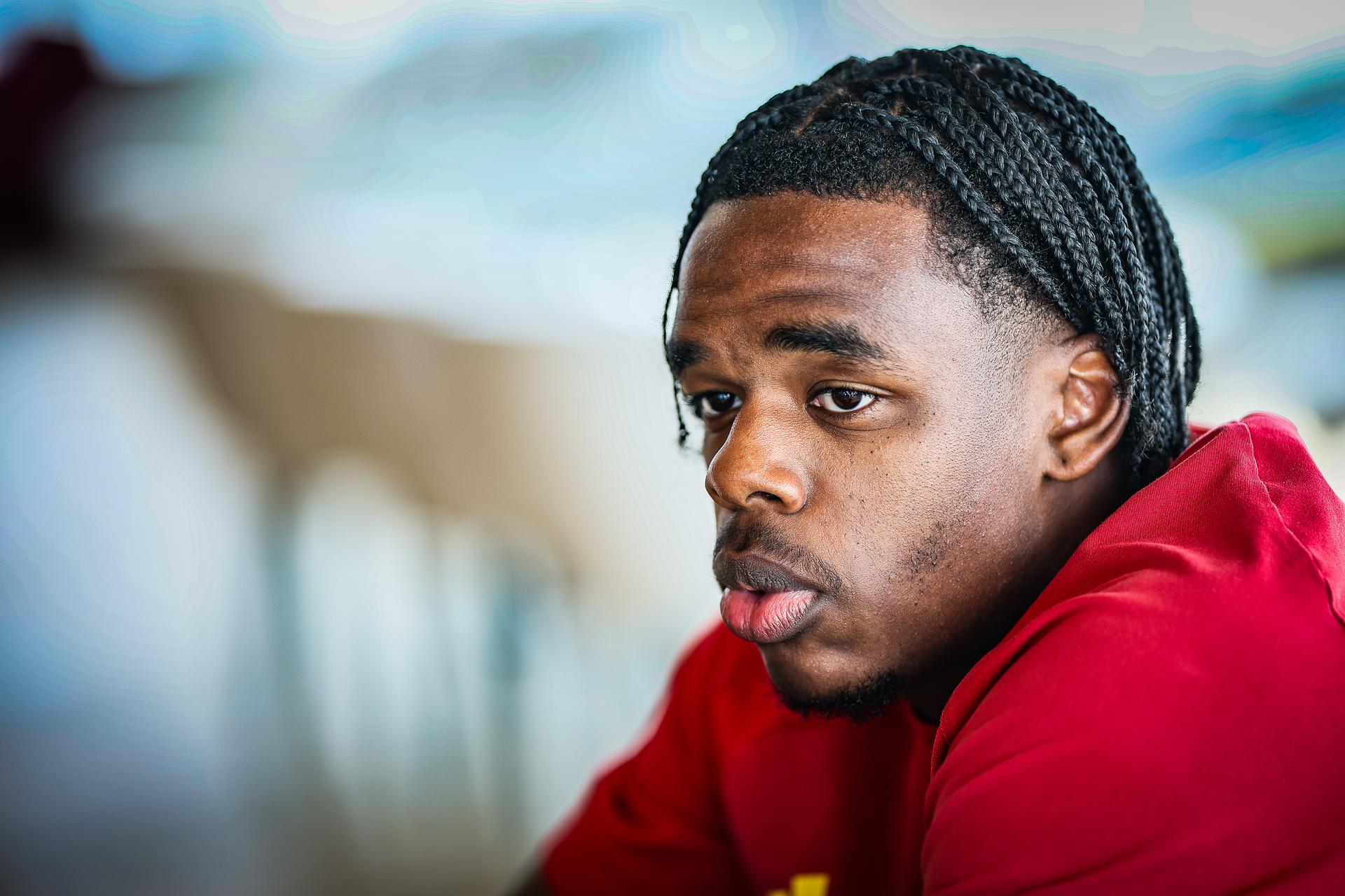 Belgium's Nathan Ngoy talks to the press during a press conference of the Red Devils, the Belgian national soccer team, at the national training center in Tubize, Wednesday 23 September 2026. The team is preparing for fixtures in the UEFA Nations League competition. BELGA PHOTO BRUNO FAHY