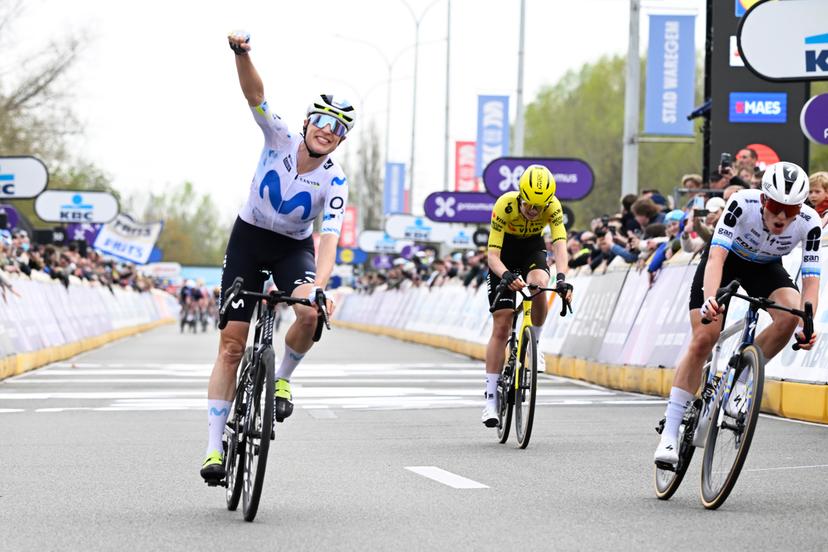 Swiss Marlen Reusser of Movistar Team celebrates after winning the women elite race of the 'Dwars Door Vlaanderen' cycling event, 128,9km from Roeselare to Waregem, Wednesday 01 April 2026. BELGA PHOTO TOM GOYVAERTS