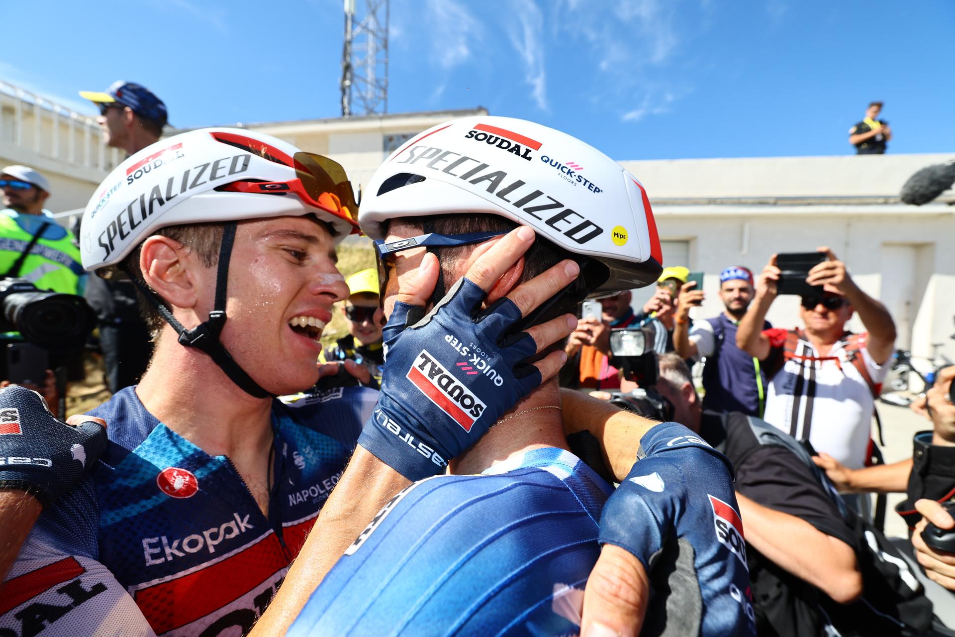 Belgian Ilan Van Wilder of Soudal Quick-Step and French Valentin Paret-Peintre of Soudal Quick-Step celebrate after celebrates after winning stage 16 of the 2025 Tour de France cycling race, from Montpellier to Mont Ventoux (172 km), on Tuesday 22 July 2025 in France. The 112th edition of the Tour de France starts on Saturday 5 July in Lille, France, and will finish in Paris, France on the 27th of July.   BELGA PHOTO POOL TIM VAN WICHELEN