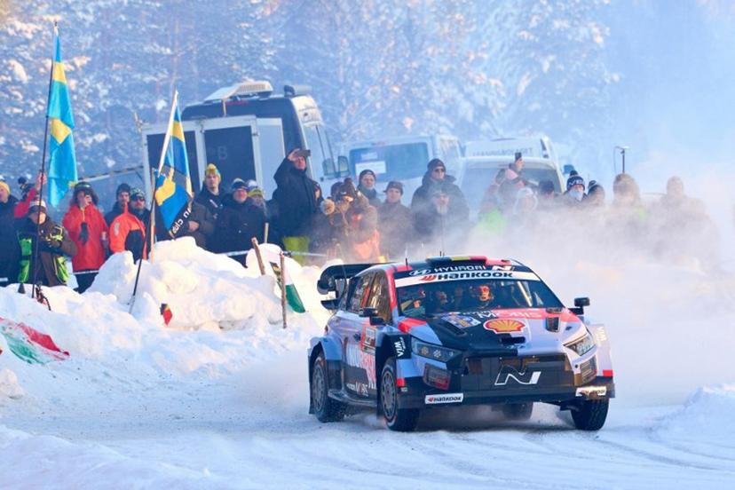 Belgian driver Thierry Neuville and co-driver Martijn Wydaeghe compete in their Hyundai i20 N Rally during Rally Sweden, the second round of the FIA World Rally Championship in Umea, Sweden, on February 13, 2026.    Peo MOLLER / TT News Agency / AFP