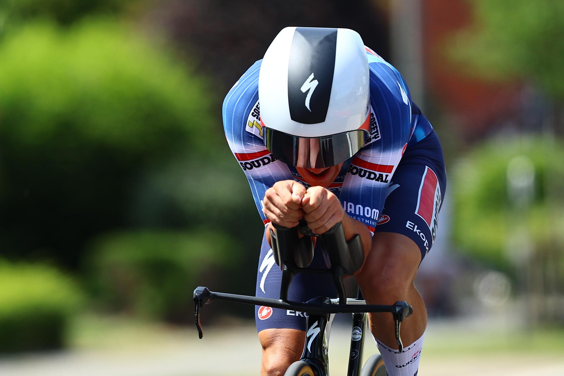 British Ethan Hayter of Soudal Quick-Step pictured in action during the third stage of the Baloise Belgium Tour cycling race, a 9,7km individual time trial from Tessenderlo to Ham, Friday 20 June 2025. The Baloise Belgium Tour takes place from 18 to 22 June. BELGA PHOTO DAVID PINTENS