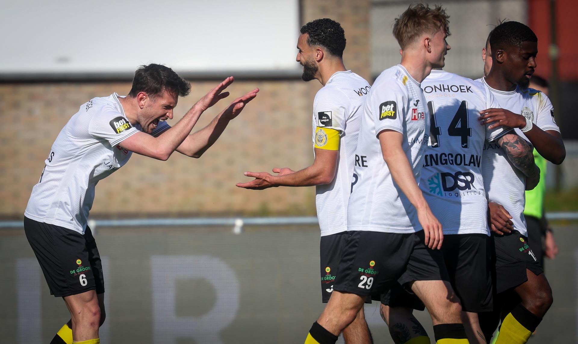 Lokeren's Sebastiaan Brebels celebrates after scoring during a soccer match between RSCA Futures and Lokeren-Temse, in Deinze, on day 28 of the 2024-2025 'Challenger Pro League' 1B second division of the Belgian championship, Saturday 05 April 2025. BELGA PHOTO VIRGINIE LEFOUR