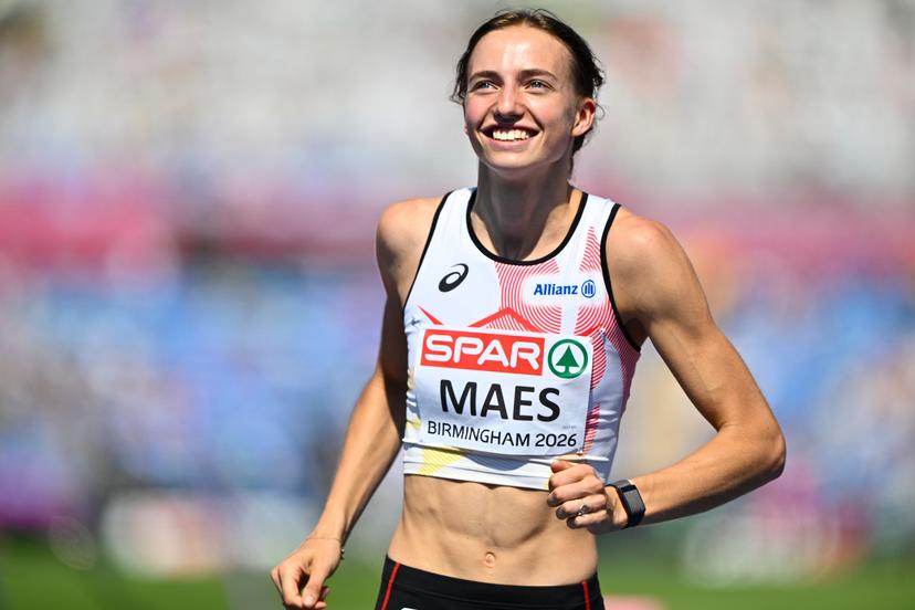 Belgian Merel Maes celebrates after 1m91 jump to qualifu for the final at the women's high jump qualification event on the fourth day of the European Athletics Championships (August 10-18) in Birmingham, United Kingdom, on Thursday 13 August 2026. BELGA PHOTO ERIC LALMAND