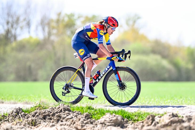 Dutch Ellen Van Dijk of Lidl-Trek pictured in action during the women's race of the 'Paris-Roubaix' one day cycling race, 148,5 km from Denain to Roubaix, France, on Saturday 12 April 2025. BELGA PHOTO JASPER JACOBS