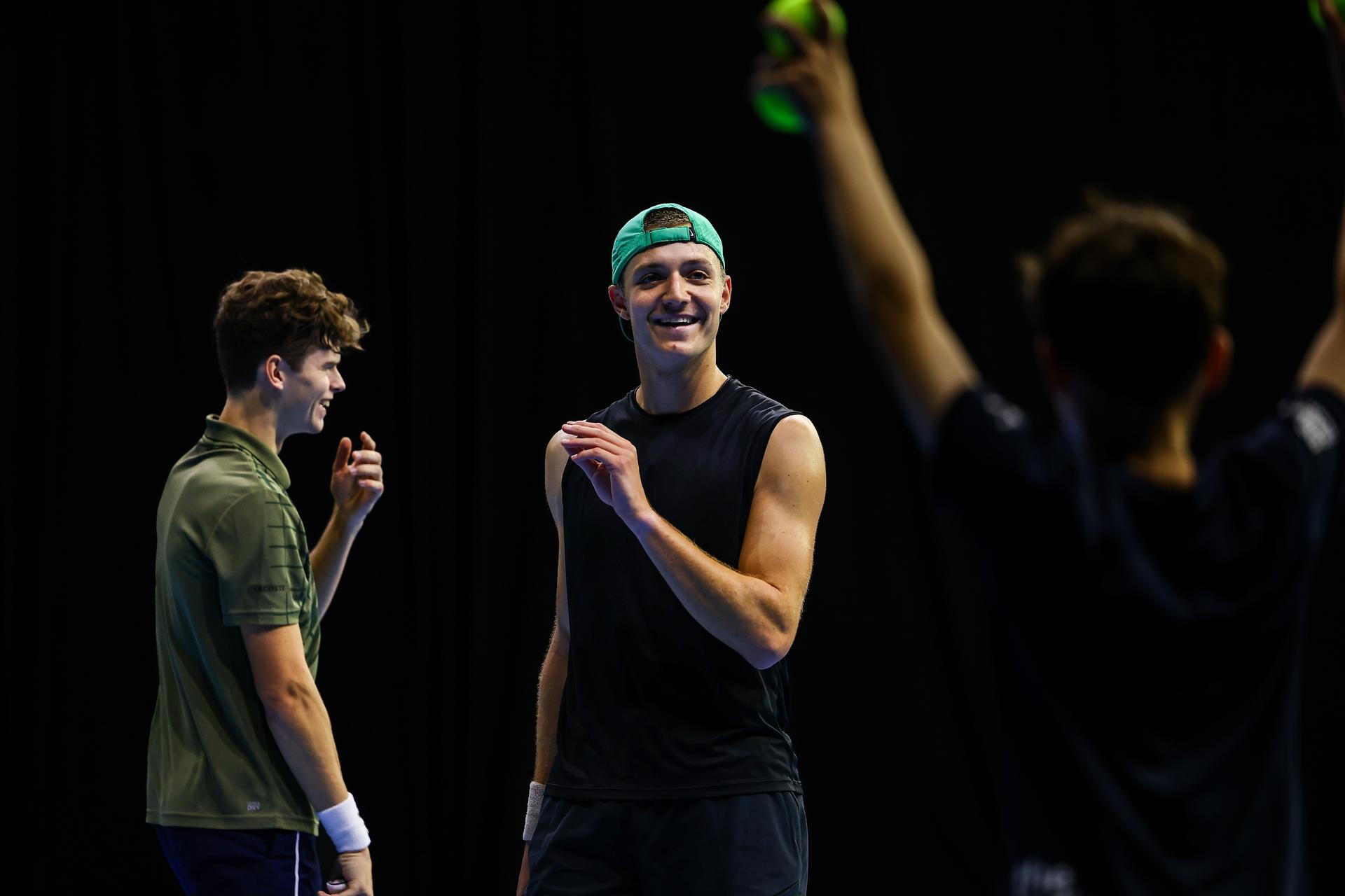 Belgian Alexander Blockx and Belgian Tibo Colson pictured during the European Open ATP tennis tournament in Brussels, on Thursday 16 October 2025. This year's edition of the tournament is taking place from 12 to 19 October 2025. BELGA PHOTO DAVID PINTENS