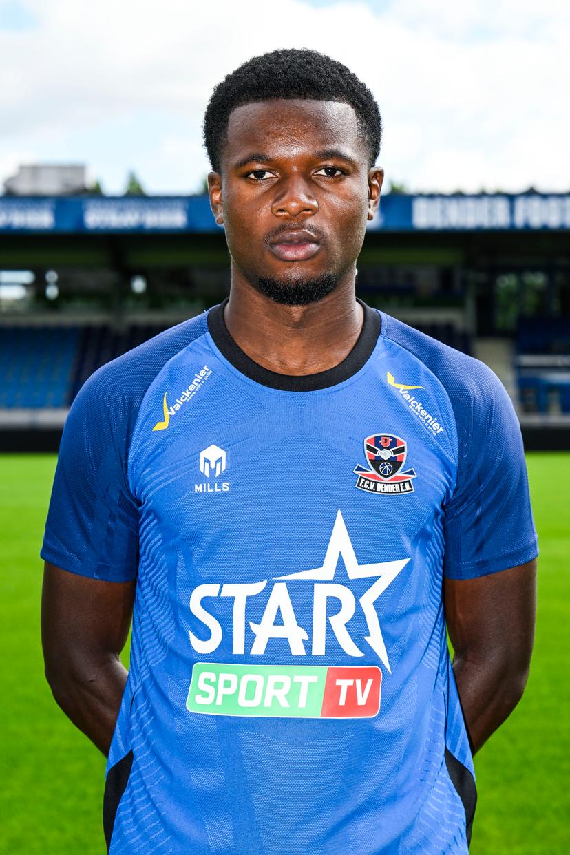 Dender's Angelau Keres Masangu poses for a portrait picture at the 2025-2026 season photoshoot of Belgian Jupiler Pro League team FCV Dender EH, Monday 21 July 2025 in Denderleeuw. BELGA PHOTO TOM GOYVAERTS