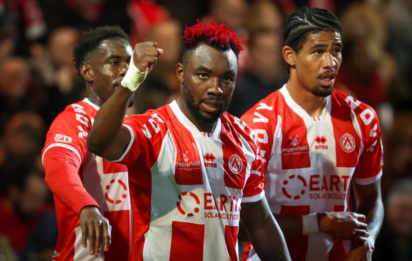 Kortrijk's Thierry Ambrose celebrates after scoring during a soccer game between KV Kortrijk and Jong KAA Gent, Friday 03 April 2026 in Kortrijk, on day 32 of the 2025-2026 'Challenger Pro League' 1B second division of the Belgian championship. BELGA PHOTO VIRGINIE LEFOUR