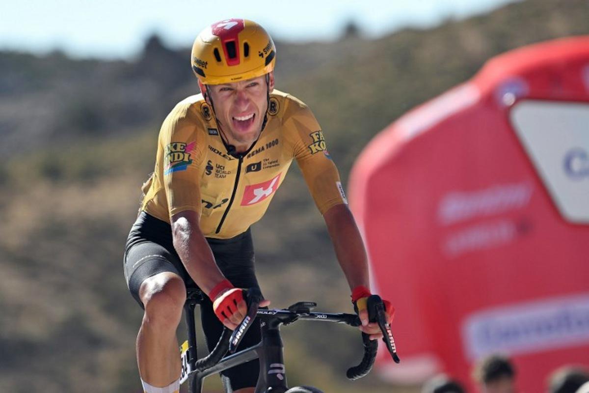 Team Uno-X's Norwegian rider Tobias Johannessen approaches the finish line during the 20th stage of the Vuelta a Espana 2026 cycling tour, a 186,8 km race between La Calahorra and Collado del Alguacil, on September 12, 2026.   JORGE GUERRERO / AFP