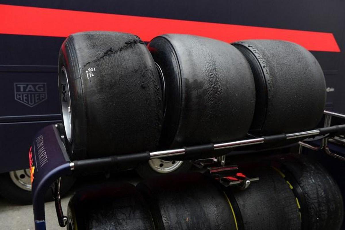 Used tyres are pictured during the tests for the new Formula One Grand Prix season at the Circuit de Catalunya in Montmelo in the outskirts of Barcelona on February 20, 2019.  Josep LAGO / AFP