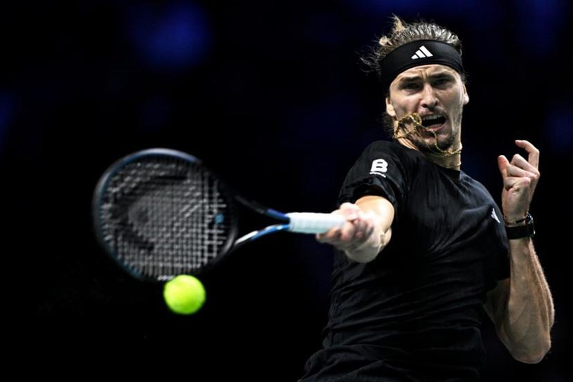 Germany's Alexander Zverev plays a forehand return to Russia's Daniil Medvedev during their men's singles quarter-final match on day five of the Paris ATP Masters 1000 tennis tournament at the Paris La Défense Arena in Nanterre, on the outskirts of Paris, on October 31, 2025.  JULIEN DE ROSA / AFP